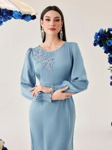 Modelyn Embroidered Patchwork Split Feather Hem Dress Long Evening Dresses Fall Cloth For Women - Blue - View 7