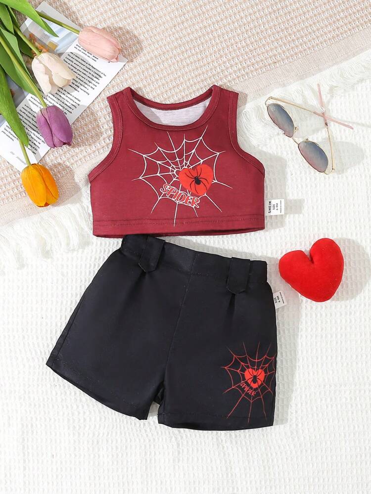 Baby Girl Summer Comfortable Red Street Style Love Spider Printed Top & Shorts Set
