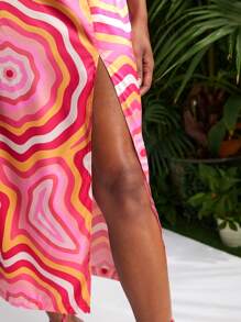 Debra Valencia Vestido asimétrico con estampado de geoda, abertura en el muslo y cuello, vestido de verano elegante para fiestas, cumpleaños, festivales, bodas, bailes de graduación