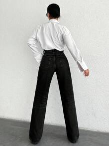 EURMUSE Women's Straight Leg Jeans With Diagonal Pockets - Black - View 2