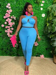 Slaydiva Kích thước lớn Màu thuần Thon gọn 2 mảnh Bộ - Xanh đậm - Xem 3