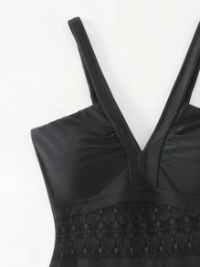 SHEIN Swim Traje de baño enterizo con corte de encaje liso para mujer, para carnaval - Negro - Ver 4
