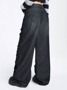 ROMWE Grunge Punk Women's Ripped Wide Leg Denim Trousers - Black - View 4
