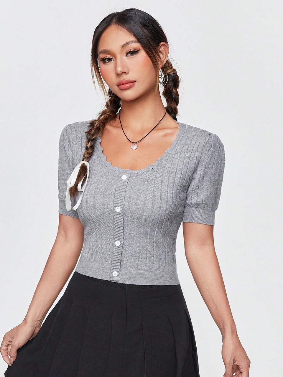Leisure Women's Solid Color Round Neck Short Sleeve Knitted Top With Fake Button-Front Design