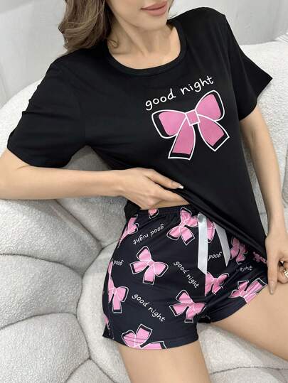 SweetSlumber Bowknot & Letter Print Short Sleeve T-Shirt And Shorts Pajama Set