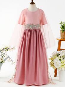 SHEIN Tween Girls' Embroidery Detail Waist Belted Dress 2pcs/Set - Pink - View 1