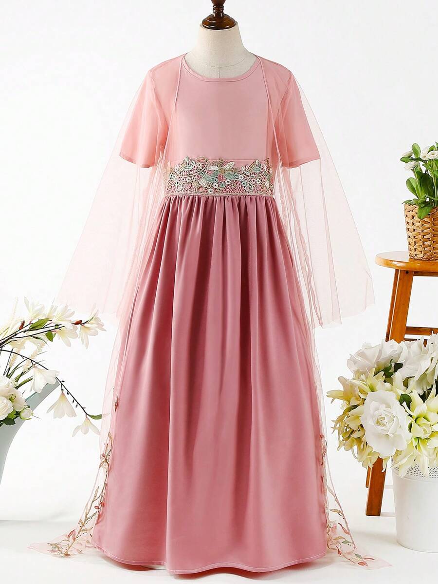 SHEIN Tween Girls' Embroidery Detail Waist Belted Dress 2pcs/Set - Pink - View 1