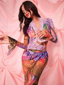 情人节喇叭袖蕾丝鱼尾连衣裙，女士哥特式性感圣诞服装 - 彩色 - 查看 3