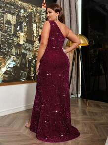 Cravure 勃艮第红色加大码单肩无袖亮片高开衩连衣裙，适合新年节日派对服装、圣诞节长款女装婚礼 - 酒紅色 - 查看 2