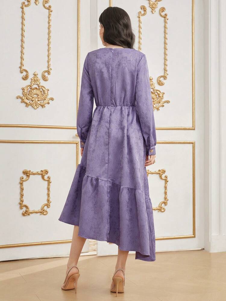 Women's Jacquard Lotus Leaf Asymmetrical Hem Dress Long Evening Dresses