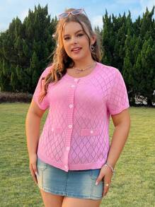SHEIN Qutie Plus Size Women's Short Sleeve Cute Pink Cardigan For Spring - Baby Pink - View 1