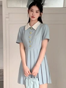 DAZY 女式拼色翻领百褶下摆连衣裙太阳裙衬衫裙，休闲女装 - 藍色 - 查看 3