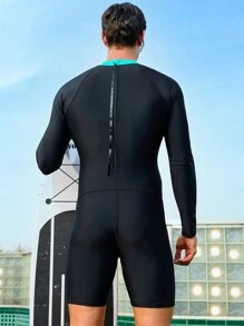 Manfinity Traje De Baño De Una Pieza Con Mangas Largas Y Diseño De Bloques De Colores Para Hombre - Multicolor - Ver 2