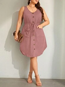 SHEIN LUNE Plus Size Sleeveless Drawstring Waist Dress With Double Pockets