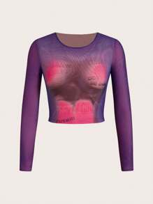 SHEIN ICON 女款y2k紫色網紗短上衣,人體印花圖案 - 彩色 - 查看 8