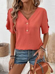 EMERY ROSE Women's V-Neck Button Up Half Placket Blouse