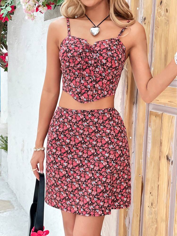 Ditsy Floral Print Vacation 2-Piece Outfit