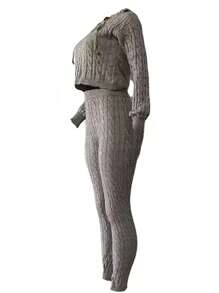 Women's Drawstring Hoodie And Pants Two-Piece Set - Grey - View 4