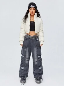 SHEIN Coolane Abrigo acolchado con cremallera para invierno - Blanco - Ver 3