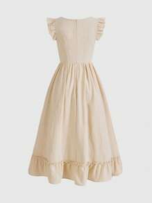 ROMWE Fairycore Plus Size Honey Bee & Plant Embroidery Cottagecore Beige Dress - Apricot - View 2