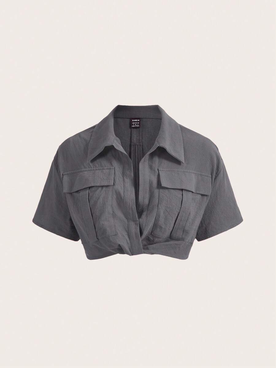 SHEIN EZwear 女士純色短款編織襯衫 - 灰色 - 查看 1