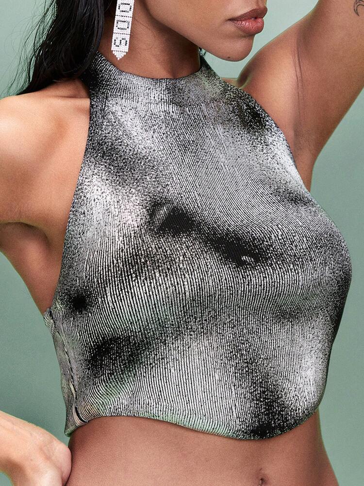 Silver Foil Cropped Halter Knit Top, Suitable For Spring Daily Wear, Festival Party, Single Gathering, Date Night, Music Festival, Performance And Nightclub