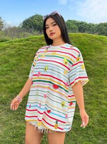 SHEIN Qutie Plus Size Women's Loose Fit Striped Summer Tee With Printed Design