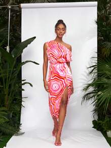 Debra Valencia Vestido asimétrico con estampado de geoda, abertura en el muslo y cuello, vestido de verano elegante para fiestas, cumpleaños, festivales, bodas, bailes de graduación