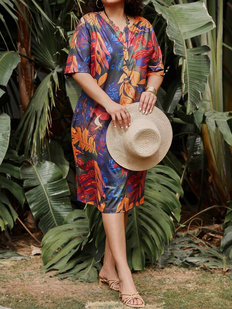 Plus Size Full Floral Print Notched Collar Dress