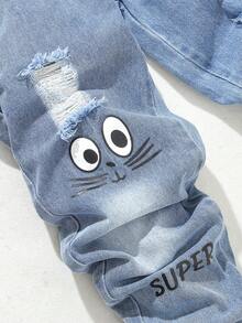 青少年男孩塗鴉印花破洞牛仔褲，帶有洗舊效果 - 淺色水洗藍 - 查看 5