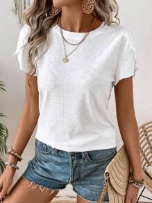 SHEIN LUNE 女性休閒短袖花瓣形圓領t恤 - 白色 - 查看 3