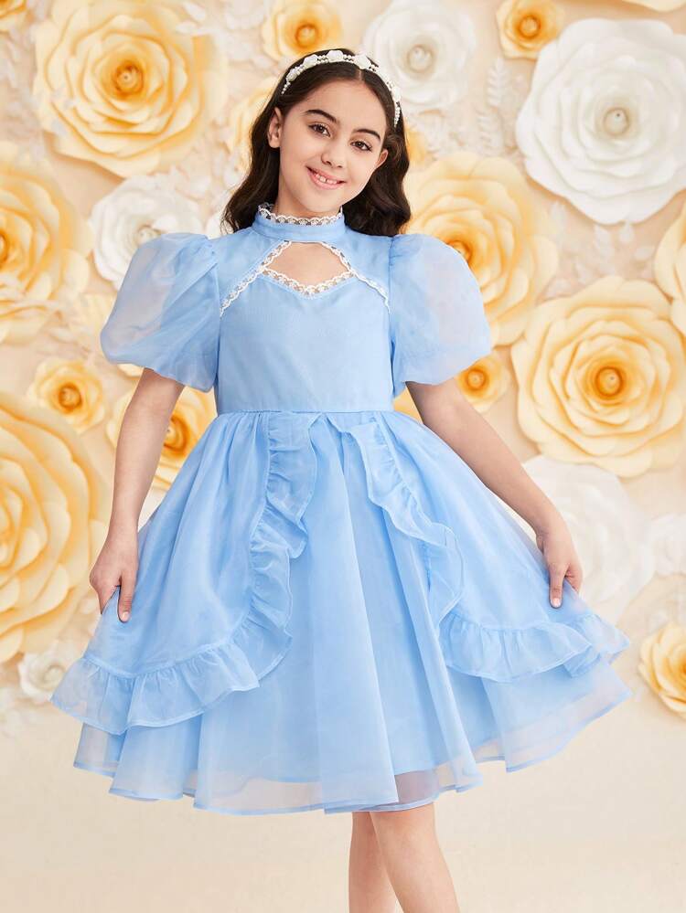 Tween Girl Cute Stand Collar Cut-Out Design Bubble Sleeve Ruffle Hem Dress