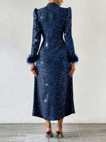 Chiquease Xếp li Ống tay áo Lông Gà tây Đầm - Màu xanh lam - Xem 2