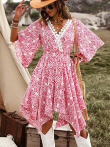 SHEIN LUNE Của phụ nữ In hoa Tay áo chuông Đầm - Màu Hồng Tươi - Xem 1