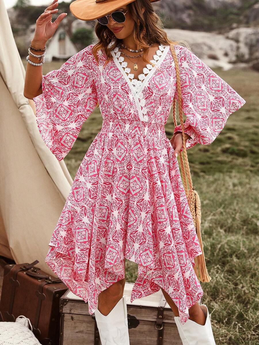 SHEIN LUNE Của phụ nữ In hoa Tay áo chuông Đầm - Màu Hồng Tươi - Xem 1