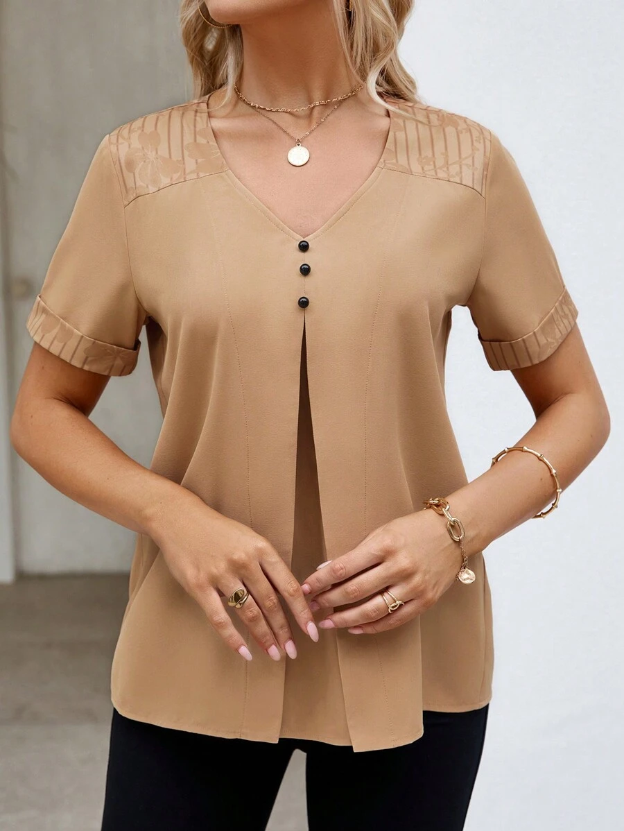 SHEIN LUNE Women's V-Neck Short Sleeve Shirt - Apricot - View 1