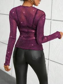 SHEIN Privé 女士閃亮的萵苣邊修身上衣 - 紫色 - 查看 2