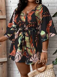 SHEIN Clasi Plus Tropical Print Belted Romper - Black - View 3