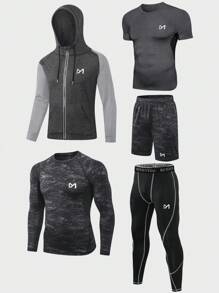 Conjunto deportivo para hombre de 5 piezas con mangas raglán con gráficos de letras y costuras superpuestas, ropa de gimnasio para hombres, traje atlético, conjunto de pantalones cortos para hombres - Gris - Ver 3