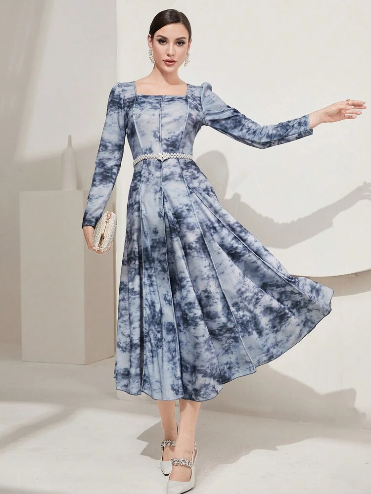 Women's Printed Puff Sleeve Waist Cinched Dress Long Evening Dresses