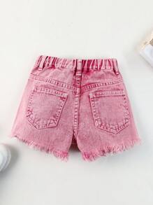 SHEIN Young Girls' Distressed Frayed Hem Denim Shorts, School, Campus, College - Baby Pink - View 2