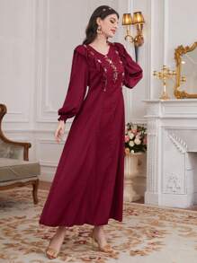 Al Najma 勃艮第红钻石装饰灯笼袖荷叶边下摆连衣裙 - 酒紅色 - 查看 6