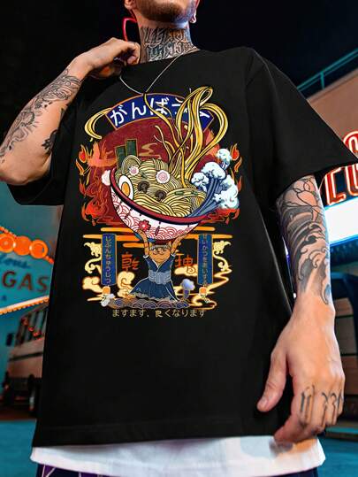 EASEVO Camiseta de manga corta casual y holgada con cuello redondo y estampado de fideos para hombres de talla grande