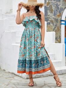 SHEIN VCAY Vestido De Playa Maxi Verde Bohemio Con Estampado Floral Sin Tirantes Para Mujeres. Tallas Grandes Para Vacaciones De Verano