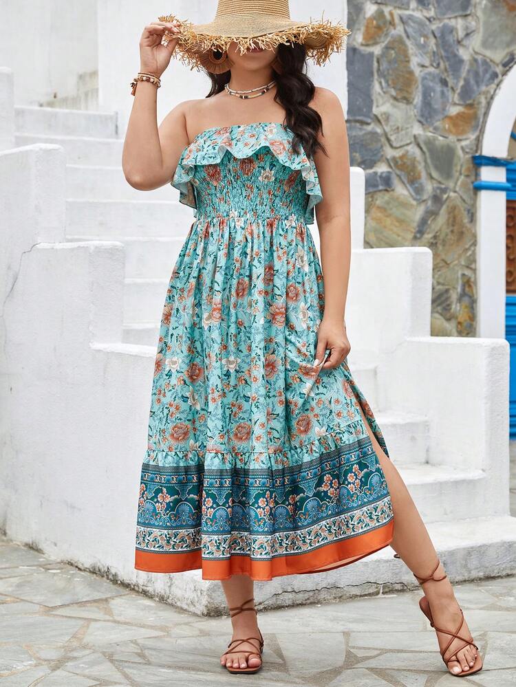Plus Size Summer Vacation Green Strapless Bohemian Floral Printed Maxi Beach Dress For Women