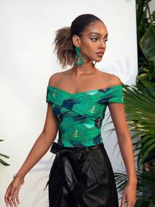 Perfect Population Blusa Cruzada Con Hombros Descubiertos Y Estampado Exclusivo De Perfect Population By Kl Allen