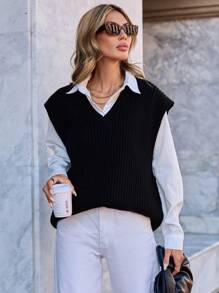 EURMUSE Solid Split Hem Sweater Vest Without Blouse - Black - View 4