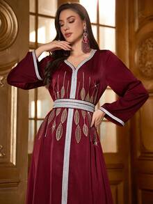Women's Solid Color Keyhole Neck Dress, Heavily Embellished With Rhinestones & Embroidery, Ribbon Trim, Elegant Maxi Length With Side Slit, Long Sleeve, Suitable For Daily Wear, Festivals And Multiple Occasions, Soft Arabian Style Dress - Red - View 3