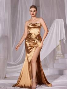 Twist Front Spit Thigh Satin Tube Formal Dress - Champagne - View 1
