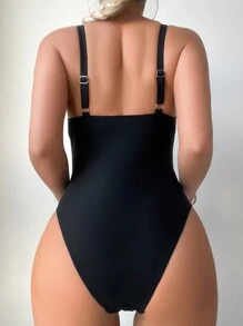 SHEIN Swim Women's One Piece Swimsuit With Sheer Mesh Panel And Open Back - Black - View 2